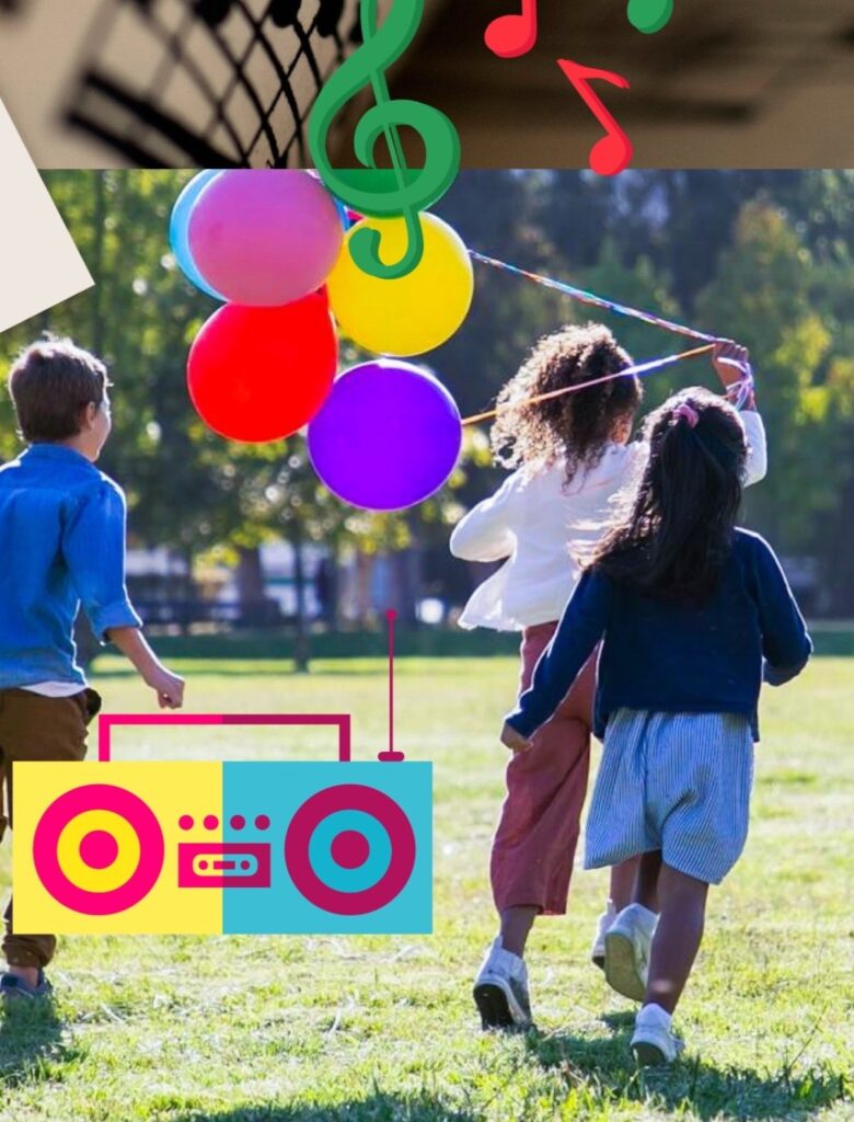 kids running with ballons and speaker 